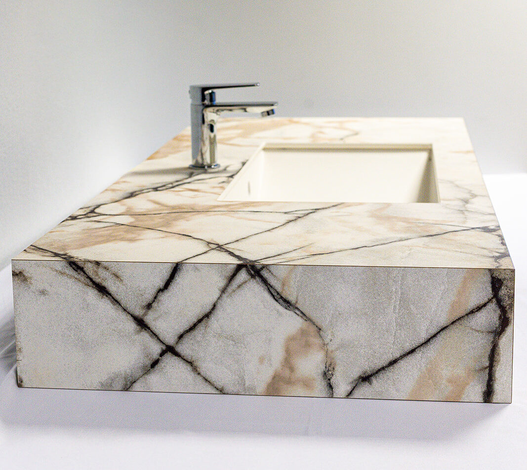 Plan de travail stratifié marbre avec vasque, Sofema fabricant sur mesure