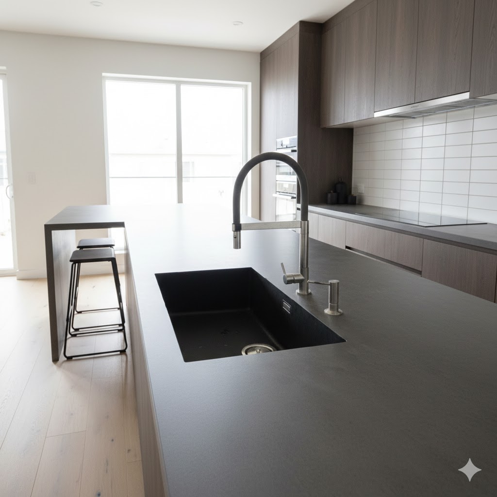 Plan de travail stratifié sur mesure Sofema avec évier et robinet de cuisine