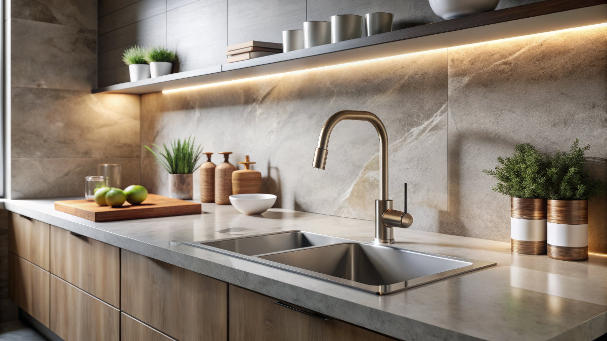 Plan de travail stratifié sur mesure Sofema avec évier et robinet