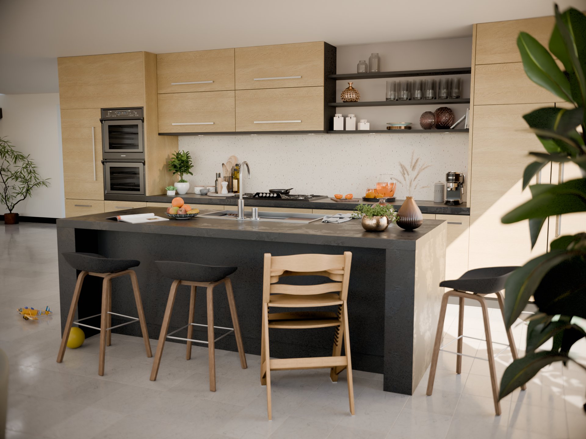 Cuisine moderne avec plan de travail stratifié sur mesure par Sofema et chaises