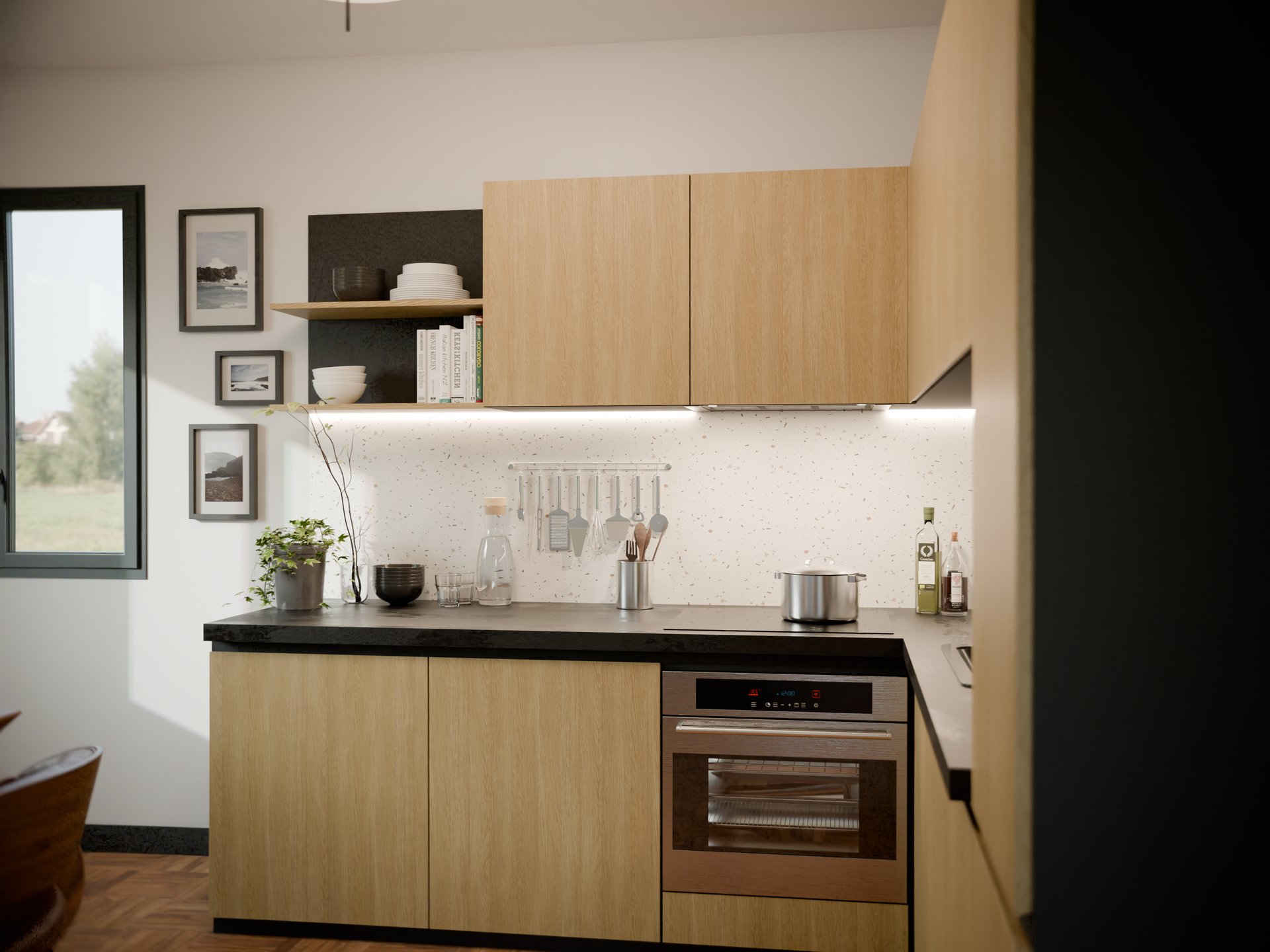 Cuisine moderne avec plan de travail stratifié sur mesure et étagères en bois