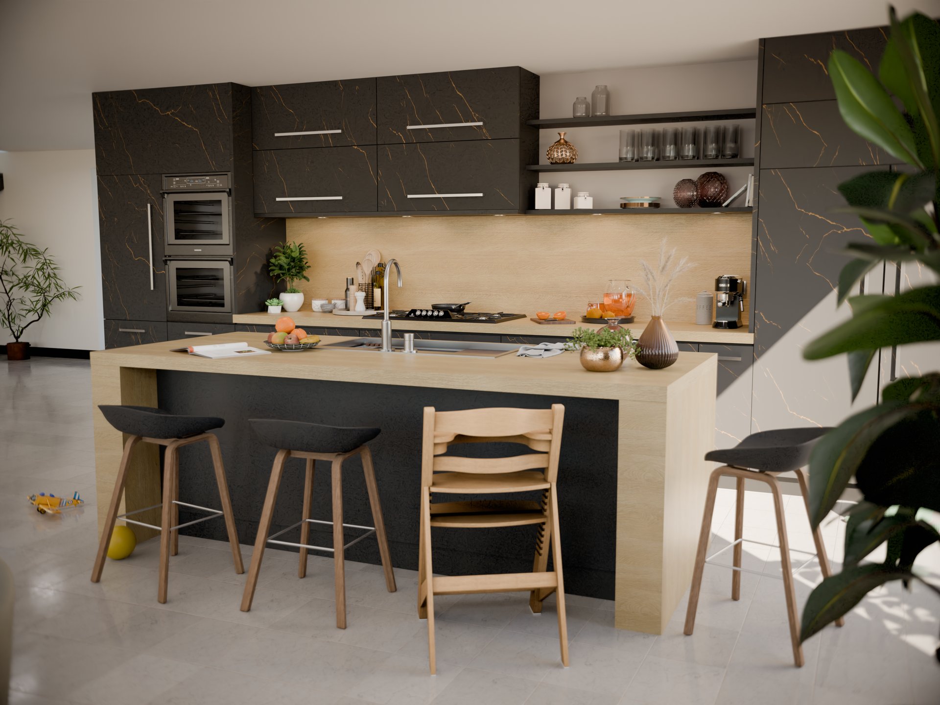 Cuisine moderne avec plan de travail stratifié sur mesure de Sofema et îlot