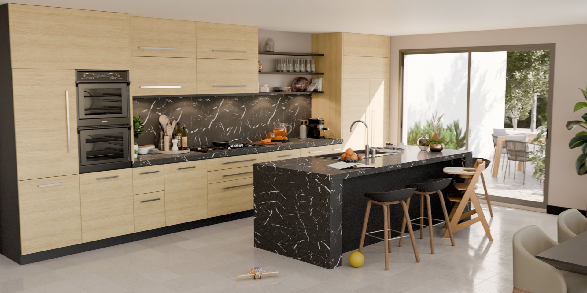 Cuisine moderne avec plan de travail stratifié sur mesure de Sofema et îlot