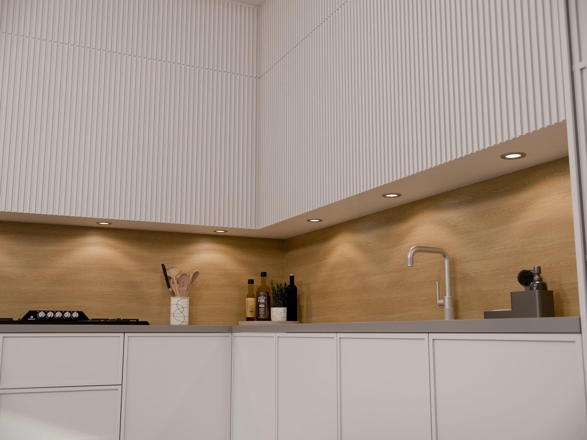 Plan de travail stratifié sur mesure Sofema dans cuisine avec évier et plaques